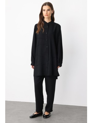 Micca Vys Nervur Detaylı Ipekçe Doku Alt ve Üst Kombin Takım-Siyah