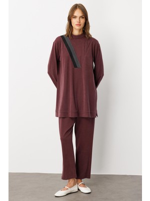 Micca Soft Örme (Miccell %55 Doğal) Içerikli Ribana Garni Pantalon Kombin Takım-Bordo