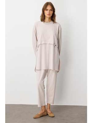 Micca Soft Örme (Miccell %55 Doğal Içerik) Elişi Detaylı  Pantalon Kombin Takım-Taş