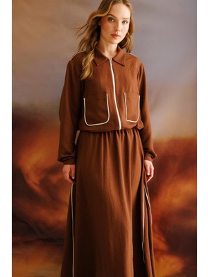 Micca Biye Detaylı Alt Üst Ipekçe Kombin Takım-Kahve