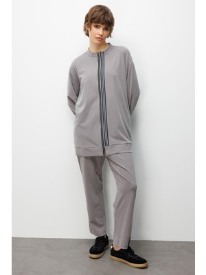 Micca Soft Örme Miccell (%55 doğal) İçerik Dokuma Ön Garni Pantalon Kombin Takım-Gri