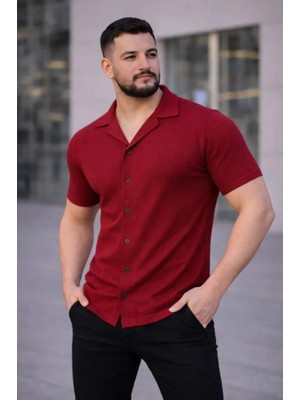 Beruflic Erkek Waffle Kumaş Kısa Kollu Düğmeli Açık Yaka Regular Fit Gömlek - Kırmızı