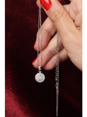 By Barun Yuvarlak Kolye Kadın Zirkon Taşlı Beyaz Taşlı Zincir 925 Ayar Gümüş Kolye