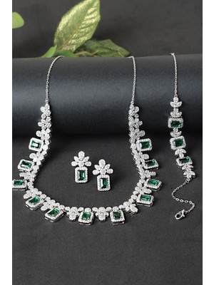 By Barun Gümüş Set Gerdanlık Kolye Küpe Bileklik Safir Zümrüt Yakut 925 Ayar Zirkon Taşlı Beyaz Silver Zincirli Set Özel Günler Için Düğün Kına Nişan Abiye Set