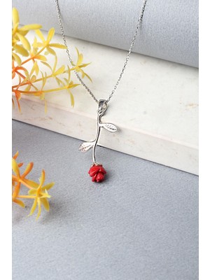 By Barun Gül Kolye Gümüş Kırmızı 925 Ayar Gümüş Kolye