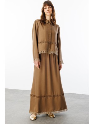 Micca Dantel Detaylı Ipekçe Kumaş Etek - Tunik Kombin Takım-Vizon