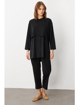 Micca Soft Örme (Miccell %55 Doğal Içerik) Elişi Detaylı  Pantalon Kombin Takım-Siyah