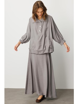 Micca Model (%90 Doğal Içerik) Dökümlü Soft Kumaş Etek Kombinli Aks Detaylı Takım-Gri