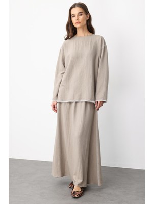 Micca Kenar Nakış Detaylı Ipekçe Doku Spor Etek Tunik Kombin Takım-Vizon