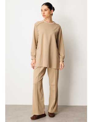 Micca Yüksek Soft Pamuk Içerikli Pis Dikiş Detaylı Basen Örten Pantolon ve Tunik Kombin Takım-Vizon