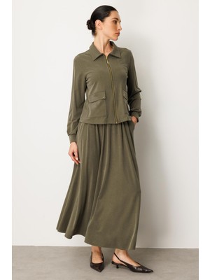 Micca Soft Örme Modal Etek ve Ceket Kombinli Takım-Haki