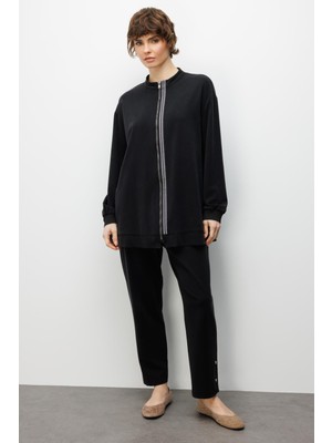 Micca Soft Örme Miccell (%55 doğal) İçerik Dokuma Ön Garni Pantalon Kombin Takım-Siyah