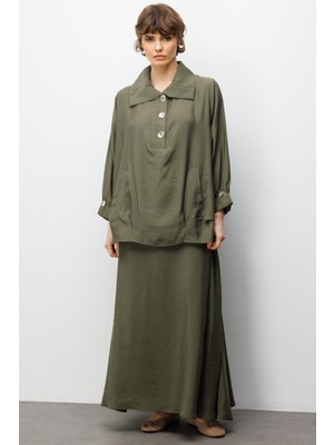 Micca Model (%90 Doğal Içerik) Dökümlü Soft Kumaş Etek Kombinli Aks Detaylı Takım-Haki