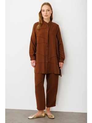 Micca Vys Nervur Detaylı Ipekçe Doku Alt ve Üst Kombin Takım-Kahve