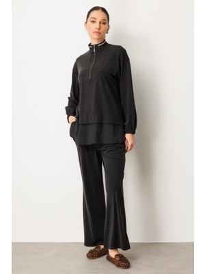 Micca Örme Soft Modal ve Modal Ribana Yaka Pantolonlu Basen Örten Tunik Kombin Takım-Siyah