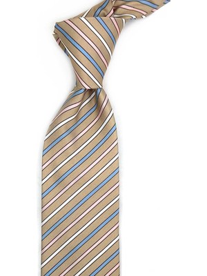 Kravatkolik Cassine Style Bej Çizgi Desen Italyan Ipek Kravat İK2253