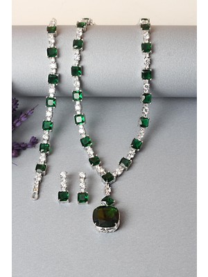 By Barun Gümüş Set Gerdanlık Kolye Küpe Bileklik Silver Beyaz Zümrüt Rengi 925 Ayar Zirkon Taşlı Set Özel Günler Için Düğün Kına Nişan Abiye Set