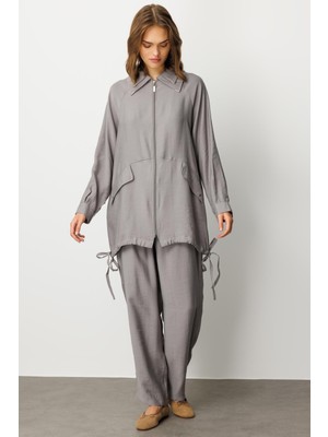 Micca Modal(%90 Doğal Içerik) Aks  Detaylı Rahat Zamansız Mevsimsiz Pantolon Kombin Takım-Gri