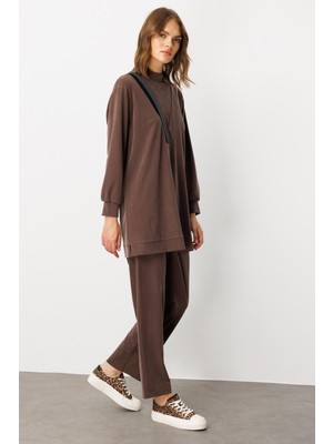 Micca Soft Örme (Miccell %55 Doğal) Içerikli Ribana Garni Pantalon Kombin Takım-Kahve