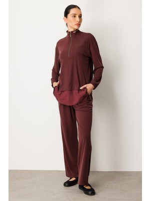 Micca Örme Soft Modal ve Modal Ribana Yaka Pantolonlu Basen Örten Tunik Kombin Takım-Bordo