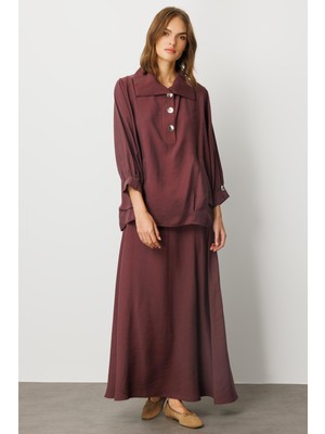 Micca Model (%90 Doğal Içerik) Dökümlü Soft Kumaş Etek Kombinli Aks Detaylı Takım-Bordo