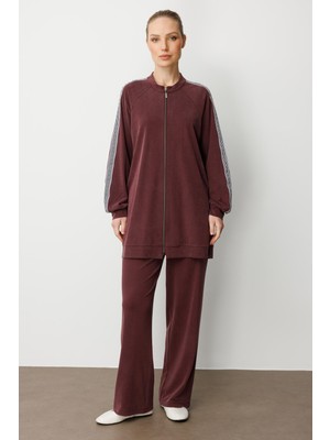 Micca Soft Modal Örme (Miccel %55 Doğal) Içerikli Garnili Detaylı Pantolon Kombin Takım-Bordo