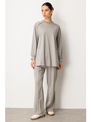 Micca Yüksek Soft Pamuk Içerikli Pis Dikiş Detaylı Basen Örten Pantolon ve Tunik Kombin Takım-Gri