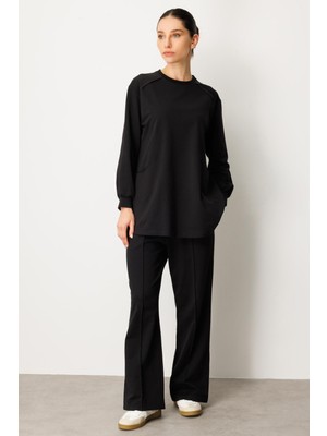 Micca Yüksek Soft Pamuk Içerikli Pis Dikiş Detaylı Basen Örten Pantolon ve Tunik Kombin Takım-Siyah