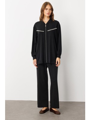 Micca Soft Örme (Miccell %55 Doğal Içerik) Elişi Detaylı  Pantalon Kombin Takım-Siyah