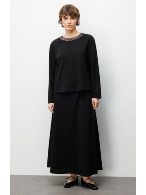 Micca Leopar Garni Detaylı Duble Krep Doku Kumaş Etekli Takım-Siyah