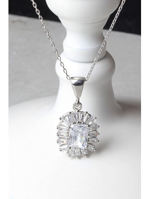 By Barun Kare Kolye Baget Taşlı Beyaz Silver Zirkon Taşlı 925 Ayar Gümüş Kolye