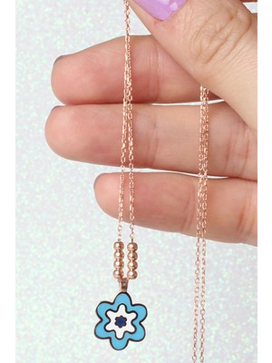 By Barun Papatya Kolye Mineli Göz Mavi 925 Ayar Gümüş Zincir Kolye