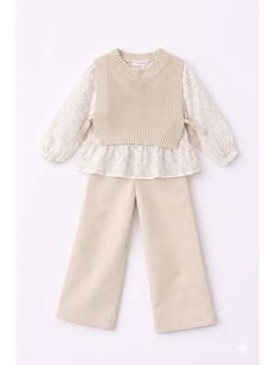 Bambino Gömlekli Bağcık Detaylı Triko Yelekli ve Pantolon 3’lü Takım