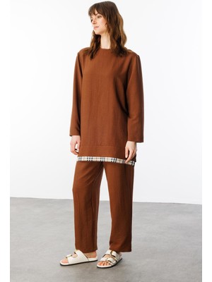 Micca Ferra Garni İpekçe Kumaş Hafif ve Konforlu Pantalon Tunik Kombin Takım-Kahve