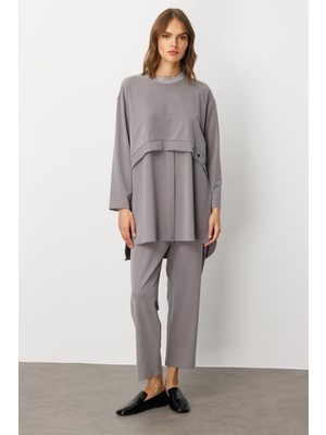 Micca Soft Örme (Miccell %55 Doğal Içerik) Elişi Detaylı  Pantalon Kombin Takım-Gri