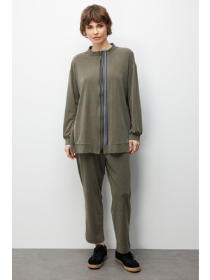 Micca Soft Örme Miccell (%55 doğal) İçerik Dokuma Ön Garni Pantalon Kombin Takım-Haki