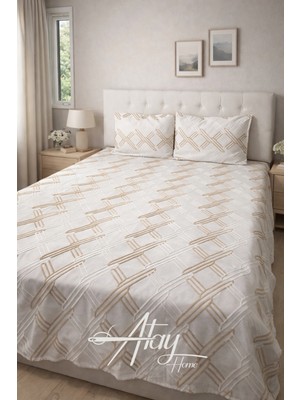 Atay Home Soft Geometrik Modern Çift Kişilik Yatak Örtüsü Beyaz Takımı 3 Parça 240X250