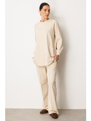 Micca Yüksek Soft Pamuk Içerikli Pis Dikiş Detaylı Basen Örten Pantolon ve Tunik Kombin Takım-Taş