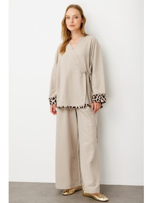 Micca Kimono Kapama Leopar Detaylı Pantalon Kombinli Takım-Taş