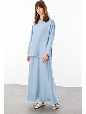 Micca Kenar Nakış Detaylı Ipekçe Doku Spor Etek Tunik Kombin Takım-Mavi