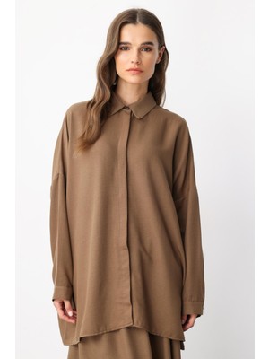 Micca Rahat,hafif,sade Ipekçe Kumaş Basen Örten Tunik ve Etek Kombin Takım-Vizon