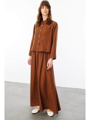 Micca Özel Tasarım Rahat Ipekçe Kumaş Spor Zamansız Etek Kombinli Takım-Kahve