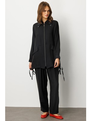 Micca Modal(%90 Doğal Içerik) Aks  Detaylı Rahat Zamansız Mevsimsiz Pantolon Kombin Takım-Siyah