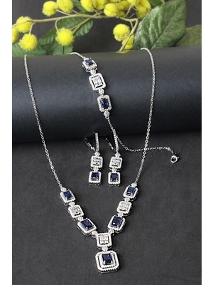 By Barun Gümüş Set Gerdanlık Kolye Küpe Bileklik Safir Zümrüt Yakut 925 Ayar Gümüş Zincirli Set Zirkon Taşlı Beyaz Silver Özel Günler Için Düğün Kına Nişan Abiye Set