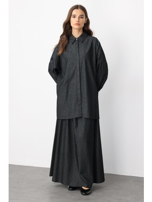 Micca Rc Yaka Taş Işlemeli %100 Pamuk Ince Denim Etek Tunik Kombin Takım-Siyah