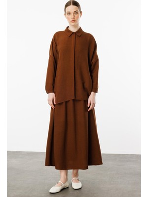 Micca Rahat,hafif,sade Ipekçe Kumaş Basen Örten Tunik ve Etek Kombin Takım-Kahve