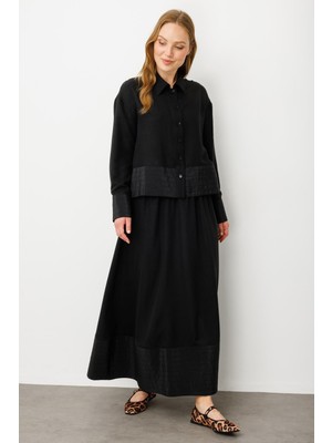 Micca Poly Cupra Dikiş Detatlı Ipekçe Etek Ceket Kombin Takım-Siyah