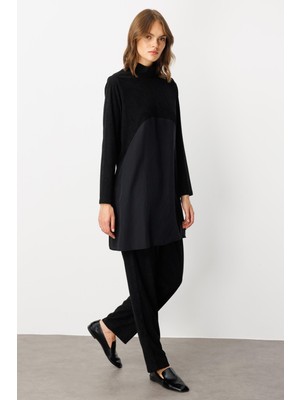 Micca Soft Modal Garni Detaylı Yumuşak Fitilli Örme Pantalon Kombin Takım-Siyah