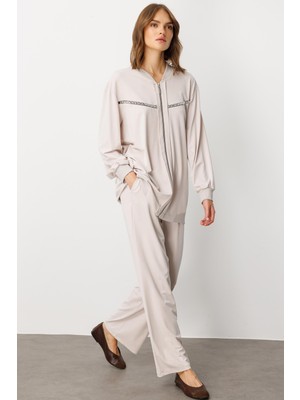 Micca Soft Örme (Miccell %55 Doğal Içerik) Elişi Detaylı  Pantalon Kombin Takım-Taş