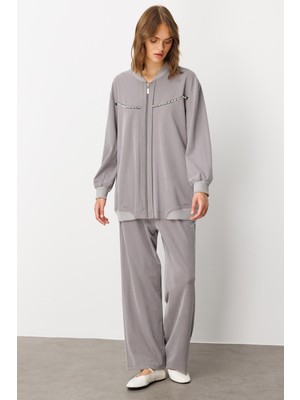 Micca Soft Örme (Miccell %55 Doğal Içerik) Elişi Detaylı  Pantalon Kombin Takım-Gri